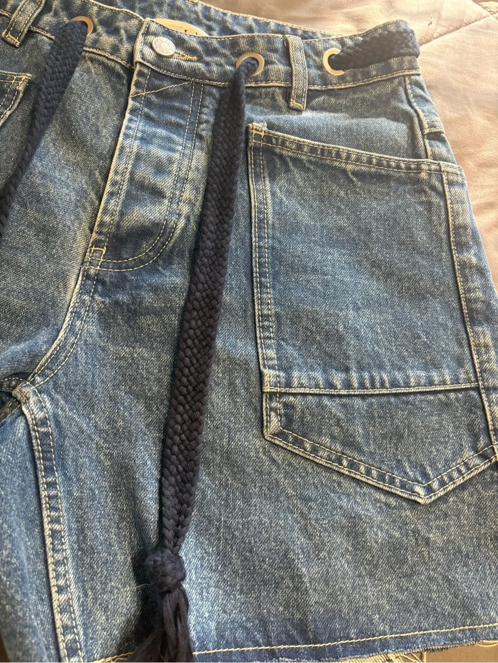 Aaron& Amber High-Waist Women’s Blue Baggy Cargo Denim Jean Shorts with Rope Tie